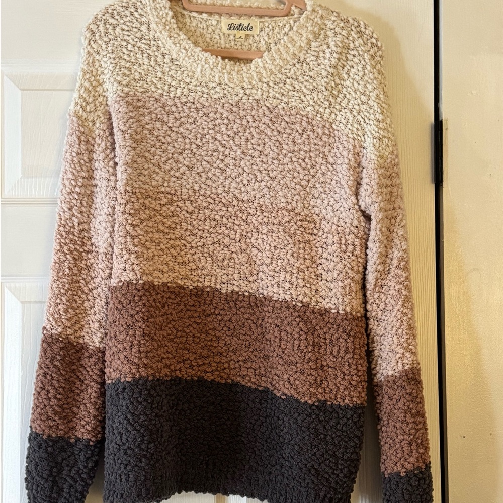 Listicle Cream and Brown Crew Neck Sweater with Textured Knit Oversized
